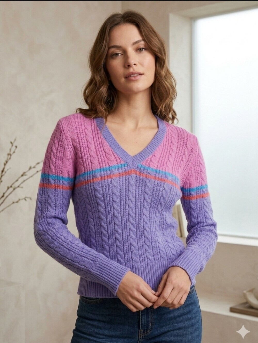 Davidson Road Vintage 90s Cable Knit Sweater Women L Purple Pink Colorblock VTG - Picture 1 of 7